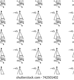 Black and white childish seamless pattern with yacht silhouette. Light summer travel adventure design. Marine icon. Infinitely repeating seascape motif. Retro ship, sailboat, boat transport.