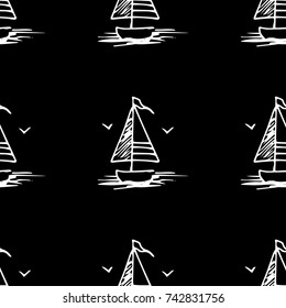 Black and white childish seamless pattern with yacht silhouette. Light summer travel adventure design. Marine icon. Infinitely repeating seascape motif. Retro ship, sailboat, boat transport.