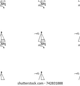 Black and white childish seamless pattern with yacht silhouette. Light summer travel adventure design. Marine icon. Infinitely repeating seascape motif. Retro ship, sailboat, boat transport.