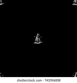 Black and white childish seamless pattern with yacht silhouette. Light summer travel adventure design. Marine icon. Infinitely repeating seascape motif. Retro ship, sailboat, boat transport.