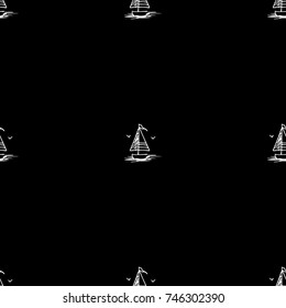 Black and white childish seamless pattern with yacht silhouette. Light summer travel adventure design. Marine icon. Infinitely repeating seascape motif. Retro ship, sailboat, boat transport.