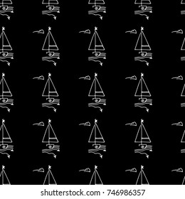 Black and white childish seamless pattern with yacht silhouette. Light summer travel adventure design. Marine icon. Infinitely repeating seascape motif. Retro ship, sailboat, boat transport.