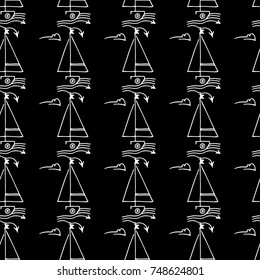 Black and white childish seamless pattern with yacht silhouette. Light summer travel adventure design. Marine icon. Infinitely repeating seascape motif. Retro ship, sailboat, boat transport.