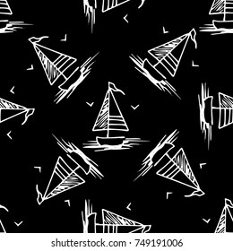 Black and white childish seamless pattern with yacht silhouette. Light summer travel adventure design. Marine icon. Infinitely repeating seascape motif. Retro ship, sailboat, boat transport.