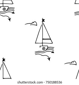 Black and white childish seamless pattern with yacht silhouette. Light summer travel adventure design. Marine icon. Infinitely repeating seascape motif. Retro ship, sailboat, boat transport.
