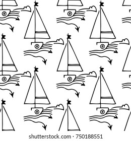 Black and white childish seamless pattern with yacht silhouette. Light summer travel adventure design. Marine icon. Infinitely repeating seascape motif. Retro ship, sailboat, boat transport.