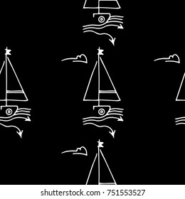 Black and white childish seamless pattern with yacht silhouette. Light summer travel adventure design. Marine icon. Infinitely repeating seascape motif. Retro ship, sailboat, boat transport.