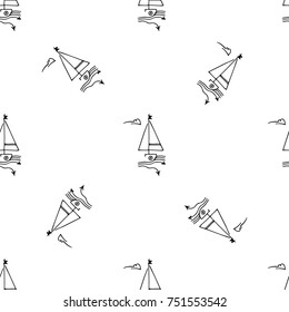 Black and white childish seamless pattern with yacht silhouette. Light summer travel adventure design. Marine icon. Infinitely repeating seascape motif. Retro ship, sailboat, boat transport.