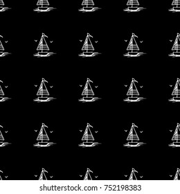 Black and white childish seamless pattern with yacht silhouette. Light summer travel adventure design. Marine icon. Infinitely repeating seascape motif. Retro ship, sailboat, boat transport.