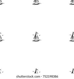 Black and white childish seamless pattern with yacht silhouette. Light summer travel adventure design. Marine icon. Infinitely repeating seascape motif. Retro ship, sailboat, boat transport.
