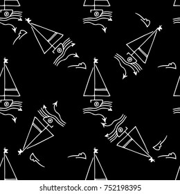 Black and white childish seamless pattern with yacht silhouette. Light summer travel adventure design. Marine icon. Infinitely repeating seascape motif. Retro ship, sailboat, boat transport.