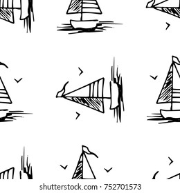 Black and white childish seamless pattern with yacht silhouette. Light summer travel adventure design. Marine icon. Infinitely repeating seascape motif. Retro ship, sailboat, boat transport.