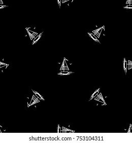 Black and white childish seamless pattern with yacht silhouette. Light summer travel adventure design. Marine icon. Infinitely repeating seascape motif. Retro ship, sailboat, boat transport.