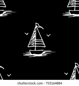 Black and white childish seamless pattern with yacht silhouette. Light summer travel adventure design. Marine icon. Infinitely repeating seascape motif. Retro ship, sailboat, boat transport.