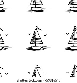 Black and white childish seamless pattern with yacht silhouette. Light summer travel adventure design. Marine icon. Infinitely repeating seascape motif. Retro ship, sailboat, boat transport.