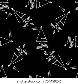 Black and white childish seamless pattern with yacht silhouette. Light summer travel adventure design. Marine icon. Infinitely repeating seascape motif. Retro ship, sailboat, boat transport.
