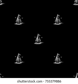 Black and white childish seamless pattern with yacht silhouette. Light summer travel adventure design. Marine icon. Infinitely repeating seascape motif. Retro ship, sailboat, boat transport.