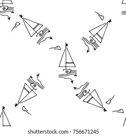 Black and white childish seamless pattern with yacht silhouette. Light summer travel adventure design. Marine icon. Infinitely repeating seascape motif. Retro ship, sailboat, boat transport.