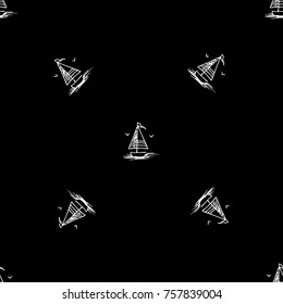 Black and white childish seamless pattern with yacht silhouette. Light summer travel adventure design. Marine icon. Infinitely repeating seascape motif. Retro ship, sailboat, boat transport.