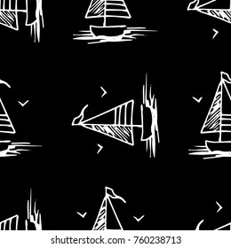 Black and white childish seamless pattern with yacht silhouette. Light summer travel adventure design. Marine icon. Infinitely repeating seascape motif. Retro ship, sailboat, boat transport.