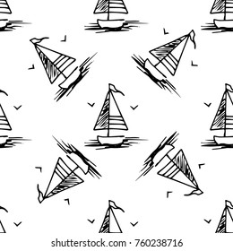 Black and white childish seamless pattern with yacht silhouette. Light summer travel adventure design. Marine icon. Infinitely repeating seascape motif. Retro ship, sailboat, boat transport.