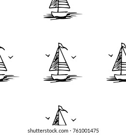 Black and white childish seamless pattern with yacht silhouette. Light summer travel adventure design. Marine icon. Infinitely repeating seascape motif. Retro ship, sailboat, boat transport.