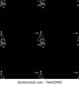 Black and white childish seamless pattern with yacht silhouette. Light summer travel adventure design. Marine icon. Infinitely repeating seascape motif. Retro ship, sailboat, boat transport.