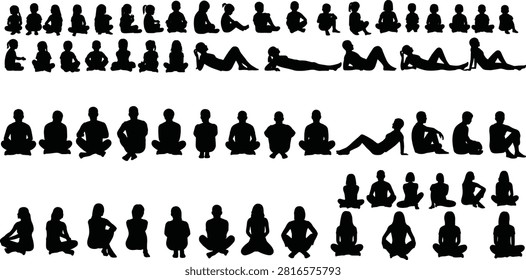 Black and white of children in sitting and lying yoga poses and activities children silhouettes sitting poses