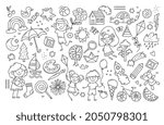 Black and white childs drawing. Large collection of simple icons, various items. Rocket, bear, kite, boy, girl, sweet, sheep, car. Cartoon flat vector illustration isolated on white background