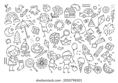 Black and white childs drawing. Large collection of simple icons, various items. Rocket, bear, kite, boy, girl, sweet, sheep, car. Cartoon flat vector illustration isolated on white background