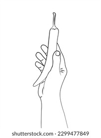Black and white chili pepper. Chili pepper in hand. A vegetable in a human hand. Healthy food. Isolated vector illustration white background. Black and white illustration. Line drawing. 