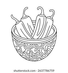 A black and white chilli peppers illustration line art of a coloring page