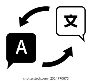 Black and white A and Chinese character within speech bubbles connected by arrows. Ideal for translation, multilingual communication, language learning, internationalization, educational tools. Minima