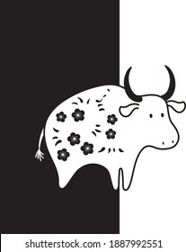 Black and white Chinese new year cow illustrations with flowers