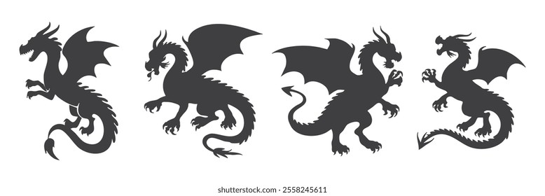 black and white Chinese tattoo dragon set icon vector silhouette,