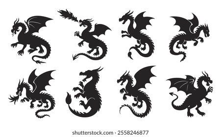 black and white Chinese tattoo dragon set icon vector silhouette on white background