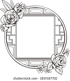 Black and white Chinese window frames with flower decoration. Round shape frame. Motifs tattoo style. Vector illustration. Use for decoration, sticker, logo, pattern and more.