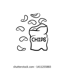 Black and white chips line icon. Fast food logo. 