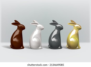 Black and white, chocolate, gold ceramic rabbit figurine isolated on a white background. Realistic vector 3D illustration of decorative rabbit. Easter Bunny. The rabbit is a symbol of the Chinese New.