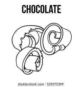 black and white chocolate shaving, curl, spiral for cake decoration, sketch style vector illustration isolated on white background. Chocolate confectionary ingredient, hand drawn chocolate shaving