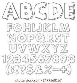 Black and white chopped alphabet, numbers and signs. Isolated vector objects on white background.