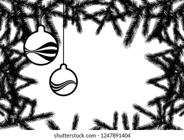 Black and white Christmas background vector. Holiday background with copy space for text. Christmas background with spruce branch. Minimal christmas design. Hanging Christmas balls