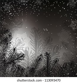 Black and white Christmas background with whirling snow and fir-tree