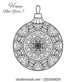Black and white Christmas ball with hand drawn sketch ornament. Happy New Year card or invitation template. Decorative geometric doodle floral pattern. Isolated element for textile or paper print