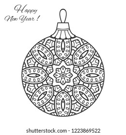 Black and white Christmas ball with hand drawn sketch ornament. Happy New Year card or invitation template. Decorative geometric doodle floral pattern. Isolated element for textile or paper print