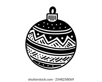 Black and white Christmas ball with intricate pattern isolated on white background. Holiday decoration, festive winter design, traditional Christmas ornament, minimalist style, coloring template