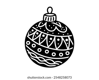 Black and white Christmas ball with intricate pattern isolated on white background. Holiday decoration, festive winter design, traditional Christmas ornament, minimalist style, craft template