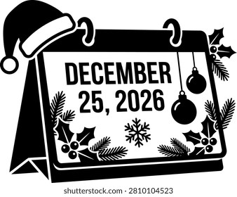 A black and white Christmas calendar displaying December 25 2026 isolated on transparent background
