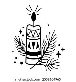 Black and white Christmas candle clipart. Candle doodle. Cute festive object. Vector illustration in flat style