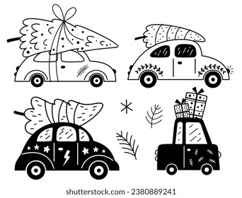 Black and white Christmas cars clipart. Christmas tree truck clipart in flat style